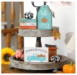 Fall Tiered Tray Decor Set, 17Pcs Blue Fall Wood Signs Decor, Maple Leaves, Buffalo Plaid Pumpkins, Truck Book Stack Wooden Signs, Autumn Thanksgiving Farmhouse Table Decor Sign for Home Decor