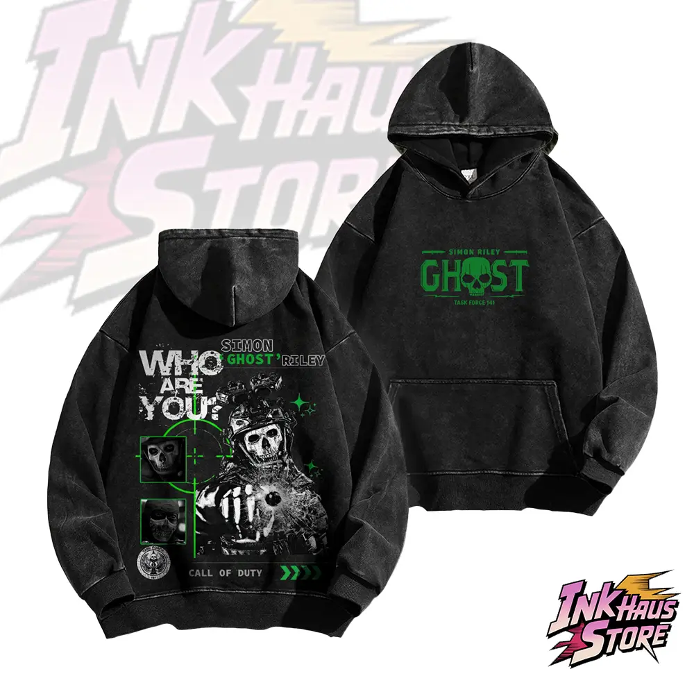 GHOST acid wash hoodie, Simon "Ghost" Riley -Long Sleeve Unisex Vintage Fashion Retro Style COD,Gym fit Street wear  Pullover Cotton Fabric Alpha Male Sigma