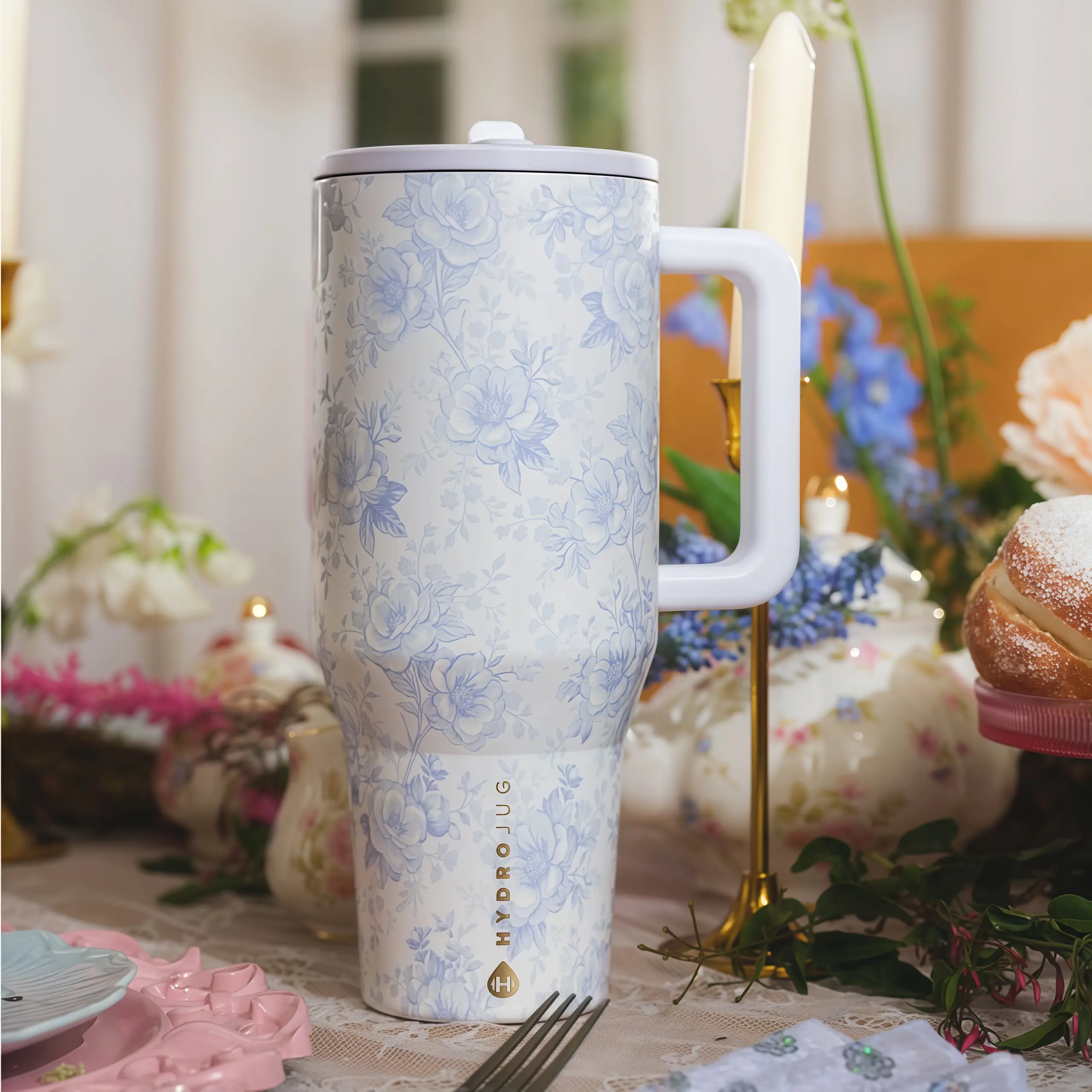 HydroJug 40oz Stainless Steel Insulated Travel Tumbler - Tumbler Shape, Romantic Light Blue Vintage Floral Print, Built-in Straw, Leak-Proof, Hot/Cold Retention, Ideal for Gym/Office, Perfect Birthday Gift for Her