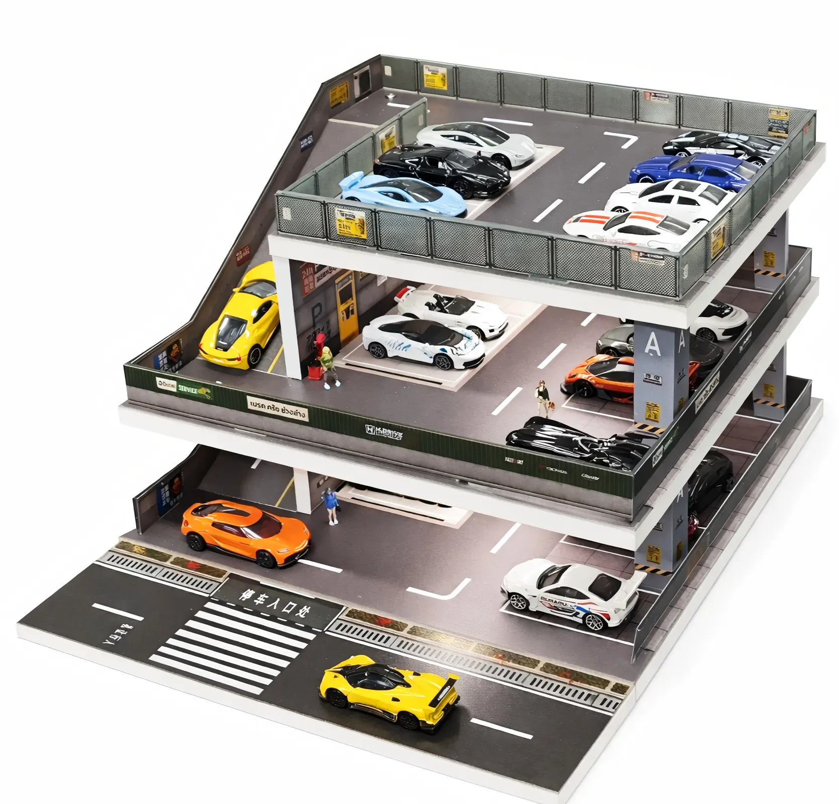 Saichotoy Toy Car Garage Diorama with LED Lights, 3-Level City Parking with Ramps For 1/64 Diecast Cars, Holds Up to 50+ Cars