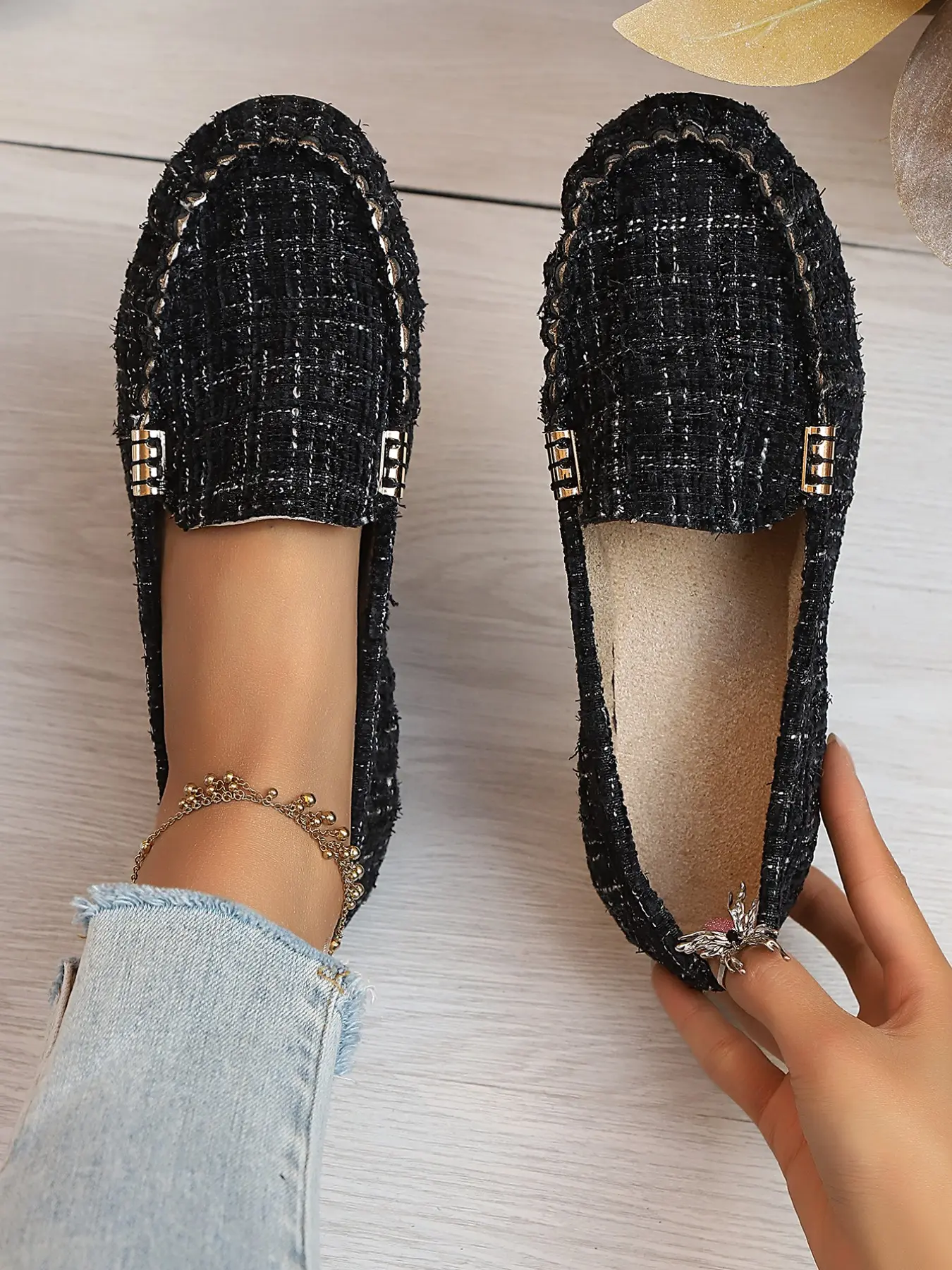 Spring Autumn New Large Size All-Season Comfortable Soft Flat Walking Shoes, Fashion Round Toe Plaid Metallic Accent Slip-On Loafers for Women, Shoes Flats