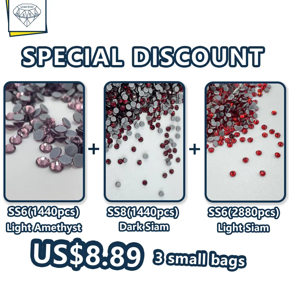 ASFA Crystal Hot Fix Rhinestones Set - Light Amethyst, Dark Siam, Light Siam Combination, Fashion Clothing Accessory