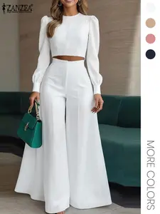 Women's Casual Two-Piece Set, Round Neck Long Sleeve Top & High Waist Wide Leg Pants, Office Style for Daily Wear