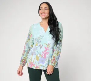 Susan Graver Printed Liquid Knit Split-Neck Pleated Woven Sleeve Top