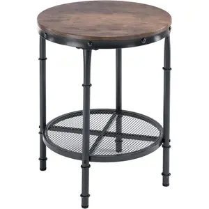 VINGLI Wood Round End Table, 20" Vintage Brown End Table Sofa Side Table Small Circle Table for Living Room, Rustic Farmhouse Wooden End Table with Metal Mesh for Room Corner, Living Room, Bedroom