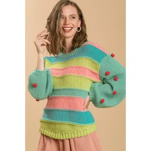 Umgee Full Size Color Block Cable Knit Sweater with Pom Pom Plus Size Knitwear Winter Womenswear Polyester Ribbed Tops Comfort Knitting Long Sleeve Casual Crewneck