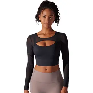 New Mesh Sheer Spliced Long Sleeve Top, Sexy Stretchy Slim Fit Yoga Shirt, Women's Elastic Sportswear for Fitness & Workout