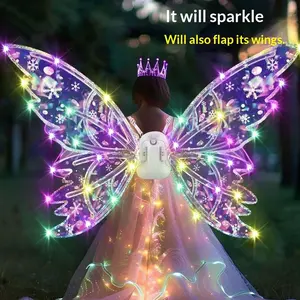 Girls' Electric Fairy Wings with Snowflake Design, Glowing, Fluttering Wings with LED Lights and Music, Children's Toy for Halloween, Birthdays, Cosplay, Christmas Parties, Princess Costumes, and Role-Playing Gifts