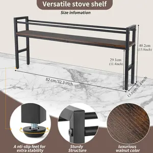 Spice Rack Shelf for Kitchen Stove, Over the Stove Shelf with 4 Hooks Extra Storage Countertop, Rustic Wood & Solid Metal Stove Shelf for Storage Seasoning, Easy to Assemble