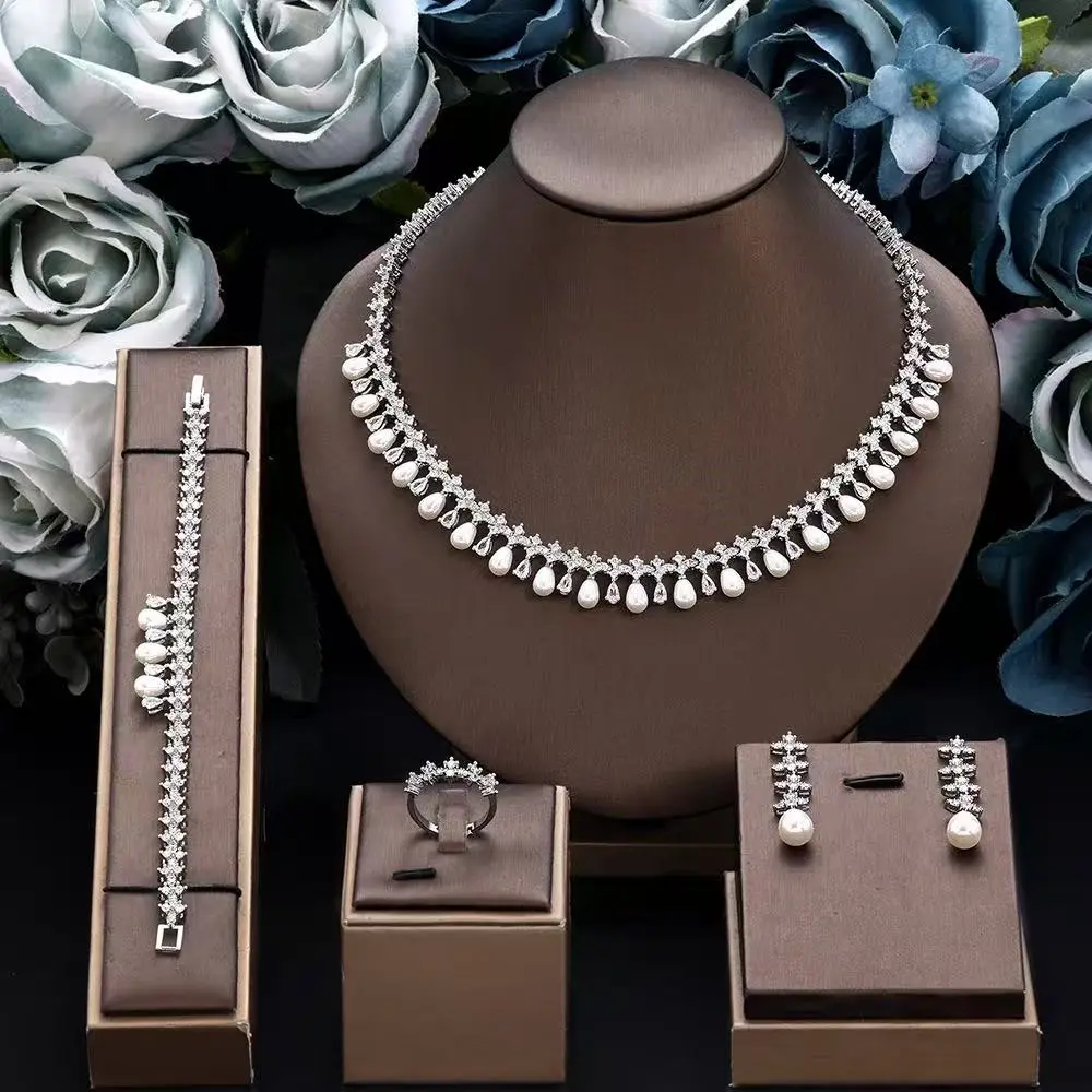 Women's 4PCS Polished Silver-Tone Faux Pearls Dangle Jewelry Set - Faux Pearl Teardrop Cubic Zirconia Necklace, Earrings, Bracelet, Ring - Formal Gift Set for Bridal Weddings, Prom Evenings