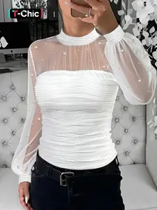 Elegant Women's Mesh Pearl Patchwork Ruched Thin Fitted Top, Stylish Sleeveless Blouse for Ladies, Perfect for Parties & Daily Wear