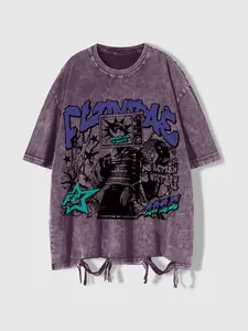 Oversized Vintage Washed Cyberpunk Graphic Tee Unisex Y2K Grunge Cyber Samurai Print T-shirt with Graffiti Font & Frayed Hem Tie-dye Purple Distressed Top for Street Concert Daily Wear