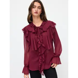 Cider Chiffon Round Neckline Knotted Ruffle Bell Sleeve Blouse