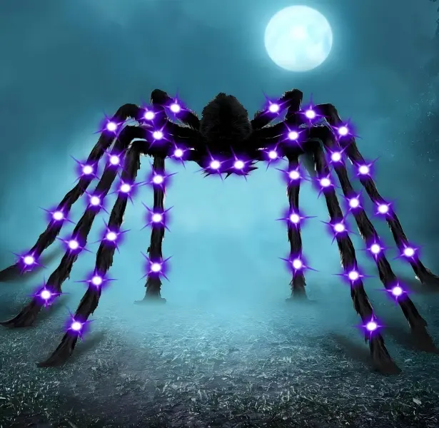 78 Inch 6.6FT Jumbo Giant Hairy Fake Spider Halloween Decor, Glowing Light Up Scary Spider with Bendable Adjustable Legs, Red Glowing Eyes Purple Lights, Indoor Outdoor Yard Lawn Porch Roof Garden Haunted House Party Photo Prop Decor