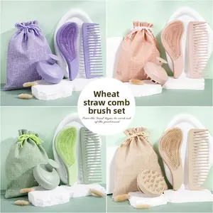 Wheat Straw Smooth Hair Comb Three-Piece Set Styling Massage Shampoo Brush Set Hair Care Cleaning Straight Hair Curly Hair Care Purple