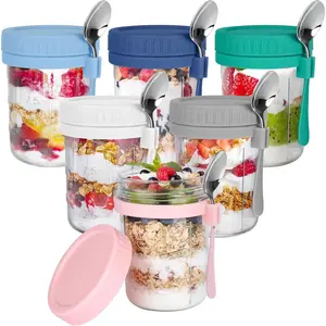 6 Pack Overnight Oats Containers with Lids and Spoons, 16 OZ Glass Mason Overnight Oats Jars, Large Capacity Airtight Jars for Milk, Cereal, Fruit