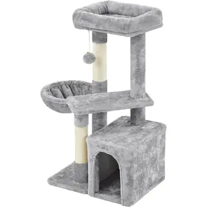 Cat Tree 34In Cat Tower Plush Cover with Condo, Platform & Basket for Indoor Kittens, Cat Furniture Activity Tree
