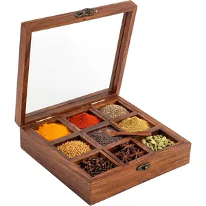 Wooden  Box Organizer Square Masala Dabba 9 Compartment Seasoning  Container Cabinet Pantry Drawer Rack Storage Countertop Shelf  For Kitchen  Cooks Display Set Organiser