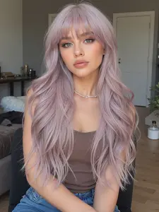 24 Inch Highlighted Wave Long Curly Wig with Bangs, Synthetic Fiber, Synthetic Material Wigs, Natural Look, Easy Care, Suitable for All Ages, Synthetic Curly Wigs