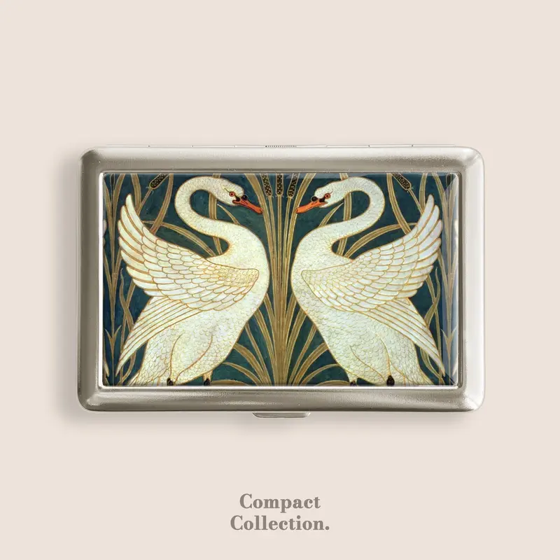 Vintage Stainless Steel Art Nouveau Swan-Rush-Iris Cigarette Case - 4"l x 2.67"w x 0.67"h Compact Press-Open/Button-Open 100s Storage Box, Dripping Epoxy Resin, ID/Business Card Holder, Women's Accessory Organiser Wallet, Great Gift