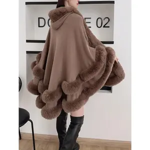 Women'S Winter Cape-Style Faux Fur-Lined Hooded Cardigan - Burgundy Plush Open Front Oversized Coat For Cold Weather, Middle Eastern-Inspired Elegance, Dry Clean Only, Ladies Winter Coats, Cold Weather Apparel, Cape Style Outerwear, Luxury Fabric Coat