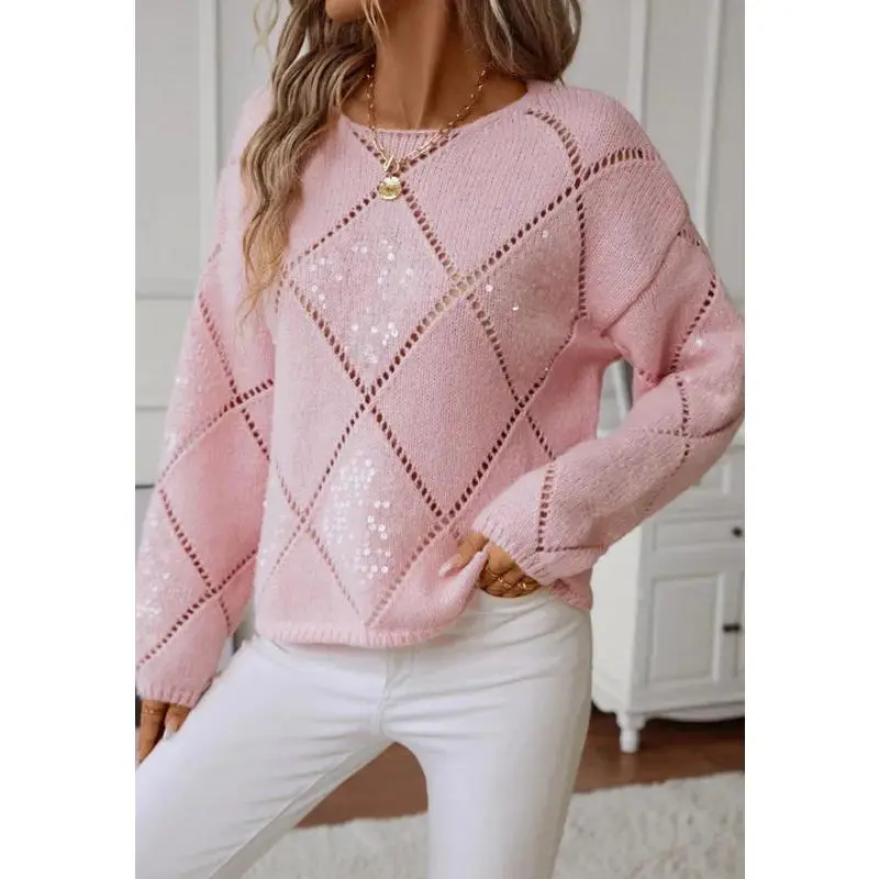 Openwork Sequin Round Neck Long Sleeve Sweater