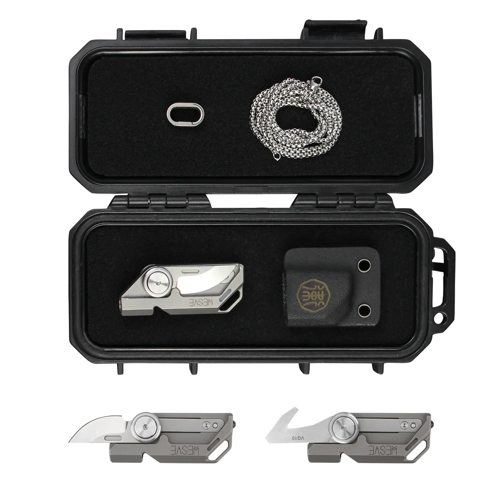 xhadle Ti-04 5-in-1 Titanium EDC Multi-Tool，VG10 mini tool，Ceramic Glass Breaker，Titanium Key Ring，Whistle，V-Shaped Emergency Hook Knife，Screwdriver，Waterproof Gear Case，Necklace & K-Sheath，Everyday, Car, Outdoor Carry