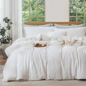 White Boho Duvet Cover Set - 100% Washed Cotton Stripe Textured Comforter Cover with Zipper Closure 90"x90"
