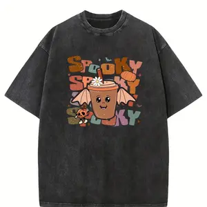 Spooky Latte Coffee Graphic T-Shirt with Pumpkin and Bat Design Perfect for Halloween Casual Wear and Fall Season