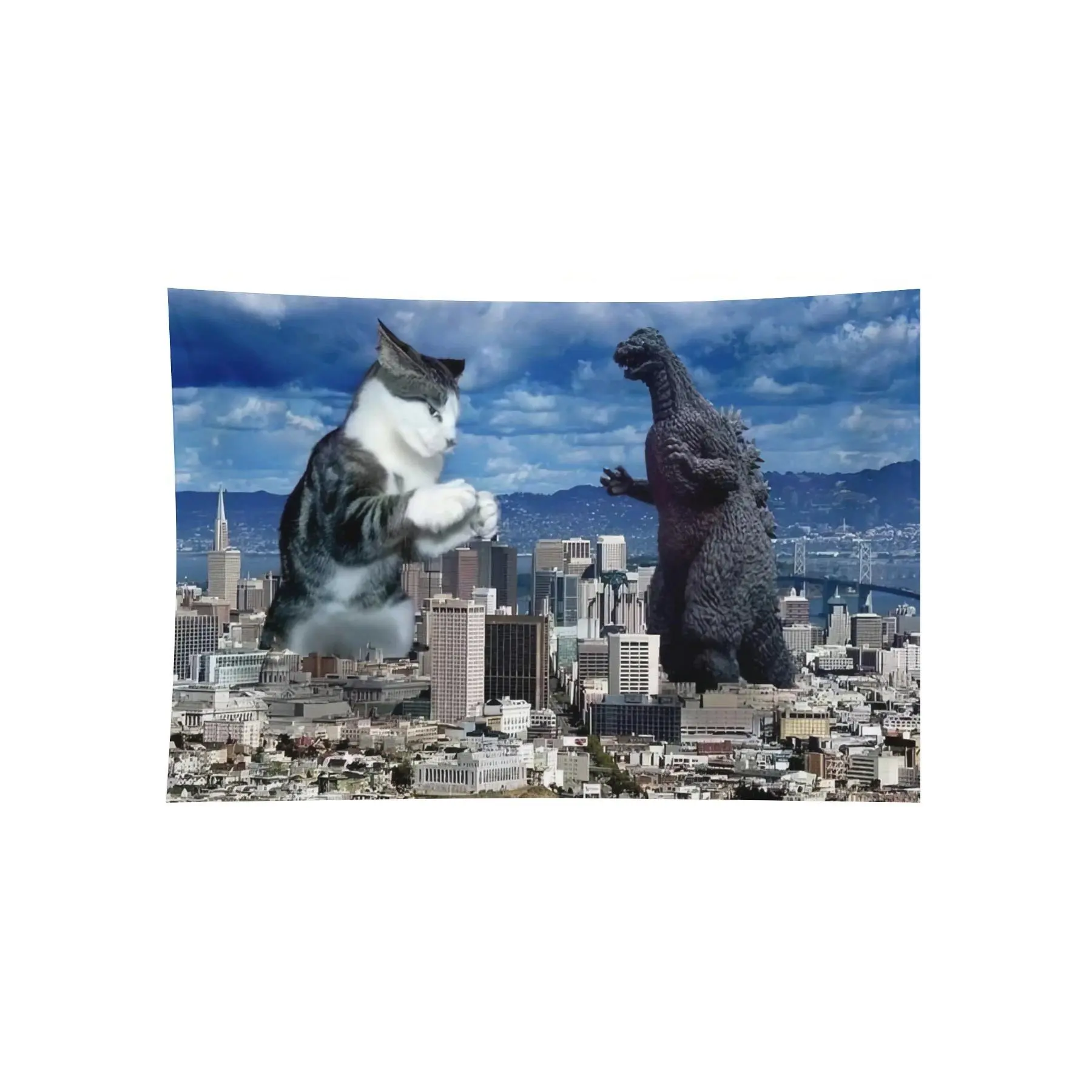 Giant Cat vs Godzilla City Battle Wall Tapestry, Funny Monster Meme Bedroom Gaming Room Decor