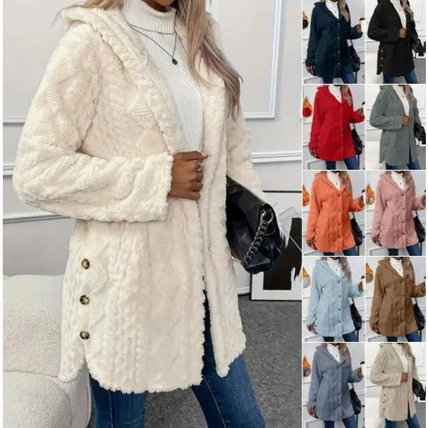 VVZ Women’s Hooded Cardigan Coat – Jacquard Fabric, Long Sleeve Design for Casual Daily Wear