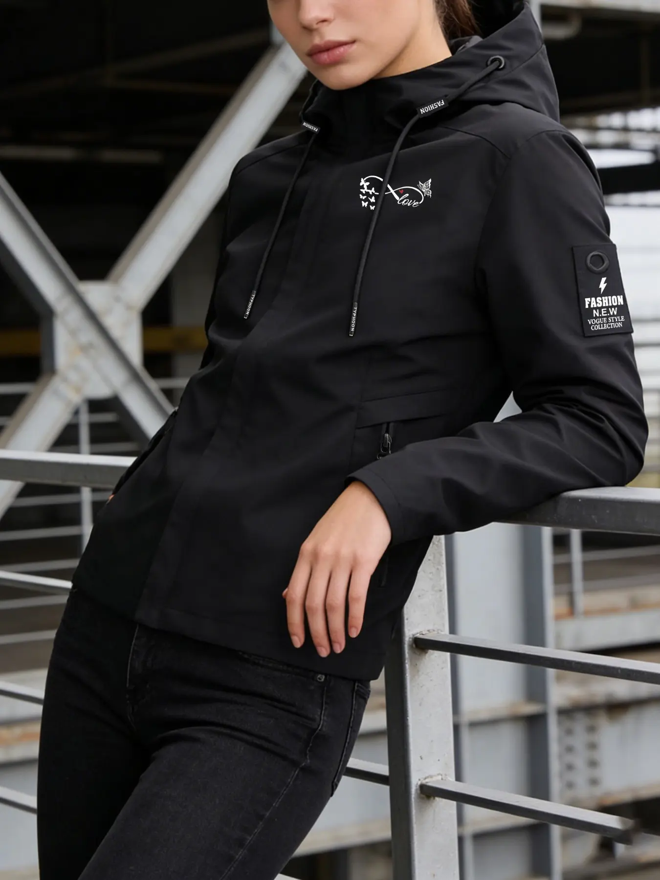 Women's Hooded Windbreaker Jacket with Cute Abstract Star Print, Trendy Casual Style for Daily Commuting, Comfortable Fitted Design for Fall & Winter