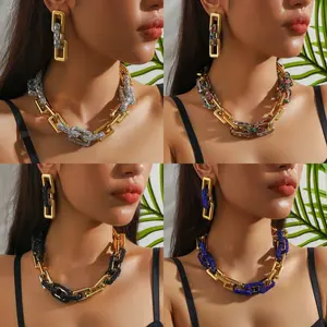 Fashionable Clavicle Chain Earrings Set, Creative Vintage Punk Style, Thick Chains, Necklace Set, Perfect for Vacation, Travel, Photoshoots, Parties