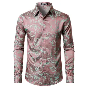 ZEROYAA Men's Luxury Jacquard Long Sleeve Dress Shirt Shiny Satin Slik Like Wedding Party Prom Shirts with Unique Floral Design