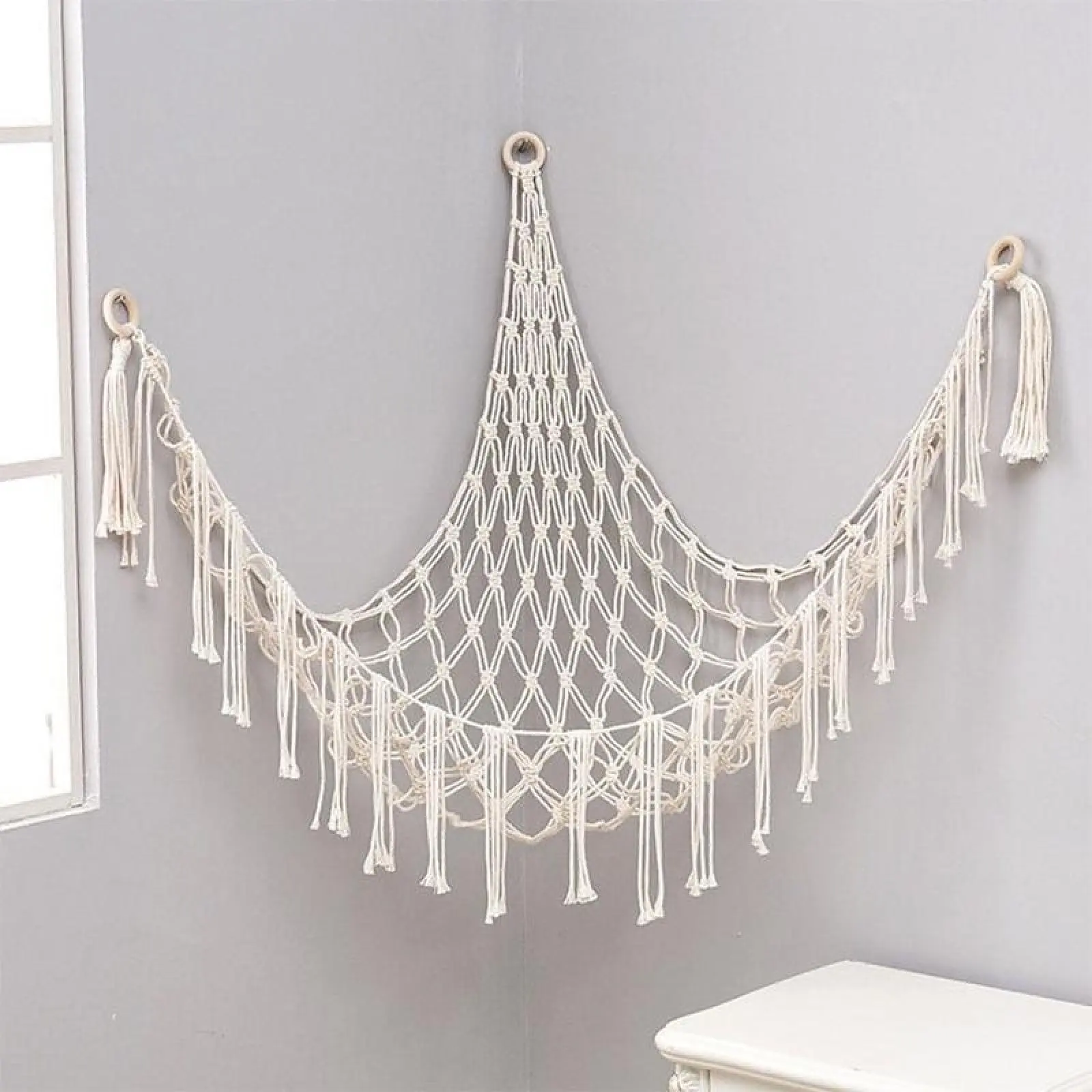 60in Hand-Woven Rope Triangular Plush Toy Storage Net - Wall-Mounted Corner Hanging Basket, Cotton Boho Home Organizer for Bedroom, Room Decor