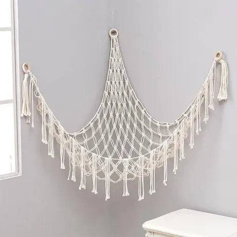 39x39x60in Handwoven Cotton Rope Decorative Storage Basket - Hangable Wall-Mount Corner Triangular Organizer with Durable Elastic Edges, Bohemian Basket for Toy Grip, Boho Bedroom Room Accessories, Home Storage Organization