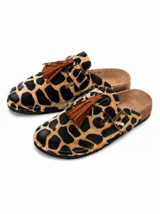 European and American style sunflower print tassel mules with leopard print, suitable for daily casual wear, dates, and parties