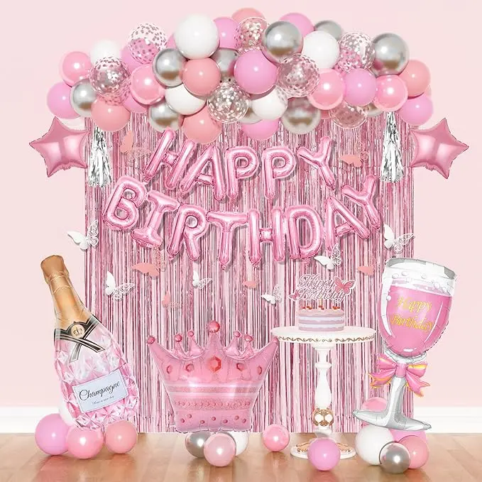 Pink Birthday Decorations for Women Girls, Silver Pink Confetti Foil Balloons Happy Birthday Banner Butterfly Fringe Curtains Cake Topper for Princess Party Supplies Decor