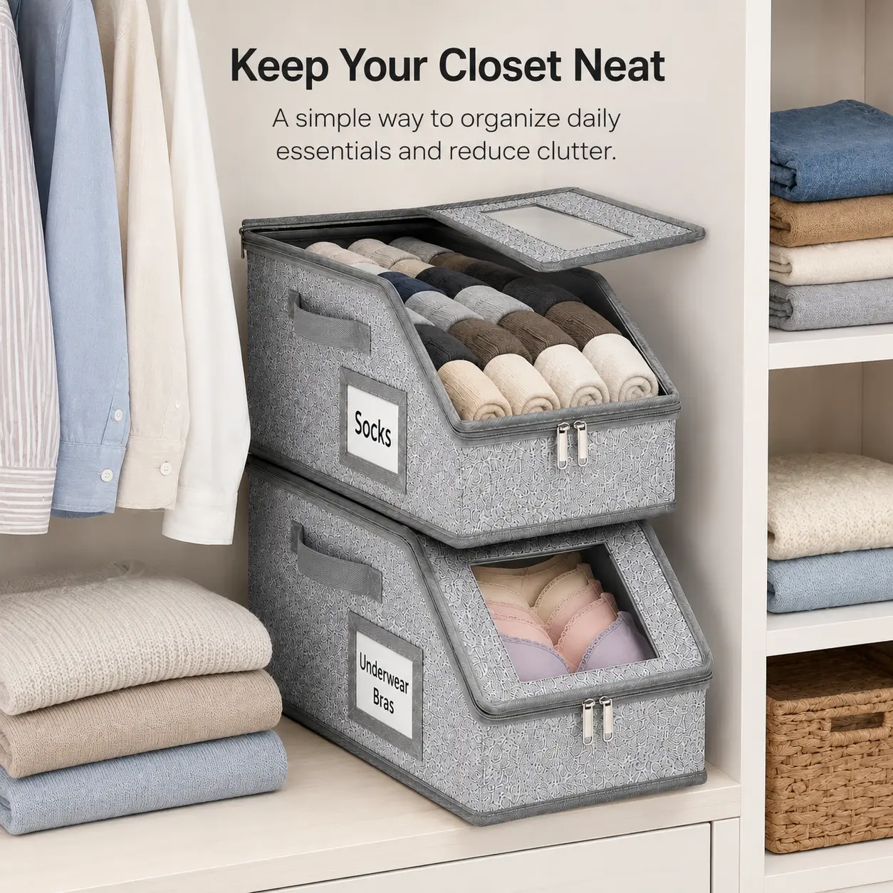 2 Pack Closet Organizer Storage Bins with Clear Window, Foldable Clothes Storage Boxes for Socks, Underwear, Bras, Towels and Daily Essentials, Stackable Zip-Up Closet Storage for Bedroom, Dorm Room, Apartment, Back to School sohochic