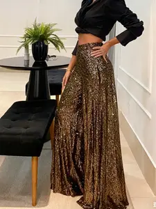 A women's wide-leg loose and flowy pants with a forgiving fit, featuring an elastic waist and fashionable sequin design, suitable for spring and summer, and versatilerious styles including evening parties, fashion red carpets, and more.