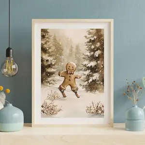 Vintage Christmas Wall Art Gingerbread Man, Christmas Poster, Forest Wall Art Printable, Art Christmas Decor Skiing Winter Print Cute .Poster Xmas Wall Decor - No Frame