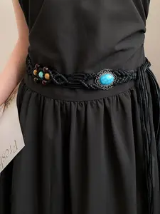 Women's Ethnic Braided Belt, Handmade Beaded Waist Rope, Y2K Design, Versatile Fashion Accessory, Perfect for Daily Wear, Concho Western Belt