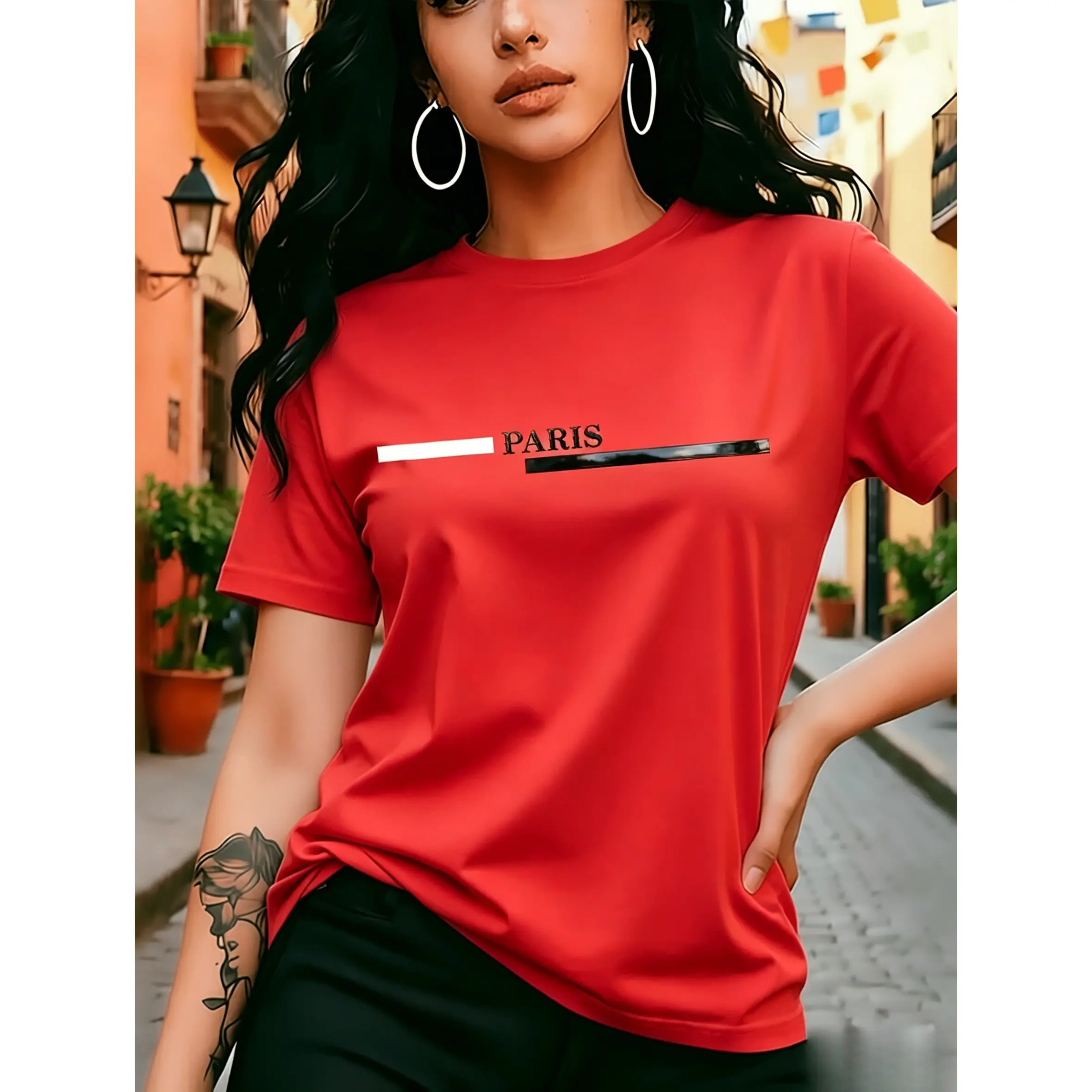 Women's Basic T-Shirt, Minimalist Paris Graphic Print, Smooth 100% Cotton Fabric, Casual Short Sleeve Clothes for Women, Shortsleeve, Tee, Printed, Tshirt, Oversized Cut, T Shirts Women, Asymmetrical