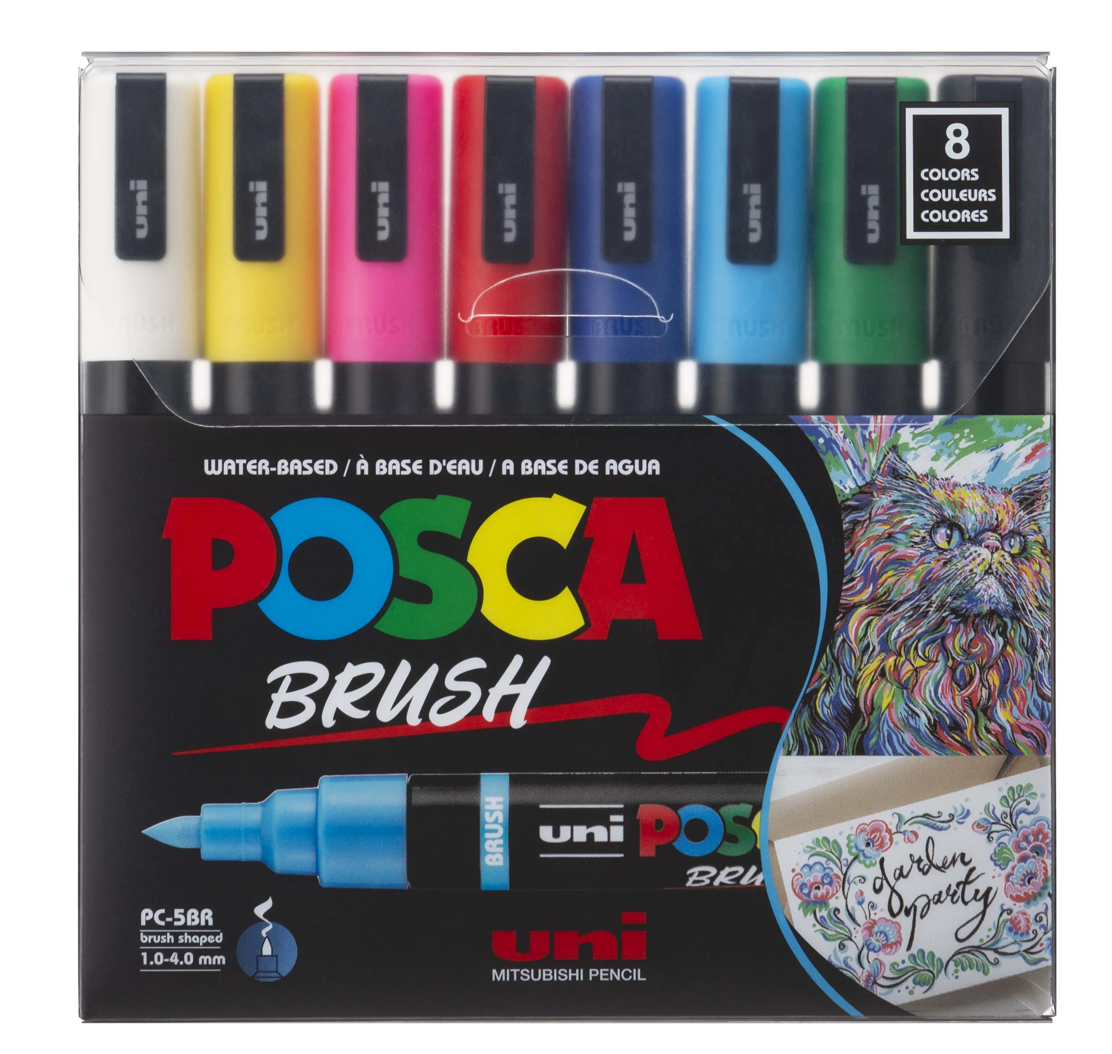 uni POSCA PC-5BR Water-Based Brush Tip Paint Markers - ACMI-Certified Formula, 1.0-4.0 mm Tip, Assorted Colors, 8 Count Set for Creators