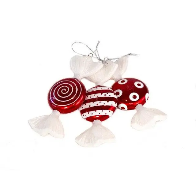7" Red & White Flat Candy Ornament Set Of 6