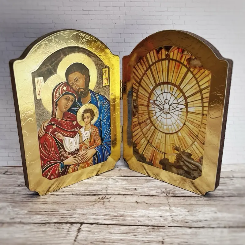 Holy Family & Holy Spirit Icon | Double-Sided Gold Leaf Wood Print | Hinged Standing Catholic Icon | Made in Italy Religious Gift