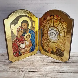 Holy Family & Holy Spirit Icon | Double-Sided Gold Leaf Wood Print | Hinged Standing Catholic Icon | Made in Italy Religious Gift