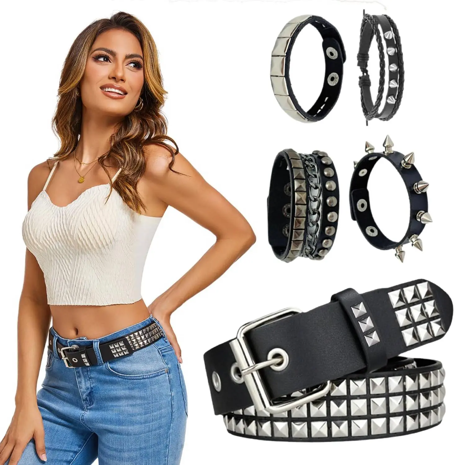 Black Studded Belt, Studded Bracelet Goth Rivet Punk Rock Cuff Bracelets Y2K Belt Emo Spike Cuff Bracelet Grunge Accessories for Women Men