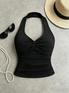 Women's Sleeveless Halter Top with Knot Design, Slim-Fitting Ruched Casual Blouse, Pure Color Graphic Shirt for Everyday Wear, Womenswear