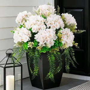 Ammyoo Artificial Hydrangea Flowers Silk White Fake Flower with Eucalyptus for Outdoor Decorations UV Resistant Realistic Faux Plants for Garden Porch Window Box Indoor Table Decor